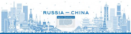 Photo for Outline Russia and China skyline with blue buildings. Famous landmarks. Vector illustration. China and Russia concept. Diplomatic relations between countries. - Royalty Free Image