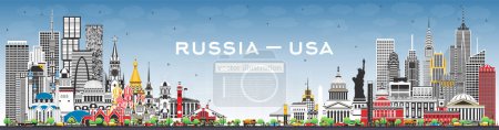 Illustration for Russia and USA skyline with gray buildings and blue sky. Famous landmarks. Vector illustration. USA and Russia concept. Diplomatic relations between countries. - Royalty Free Image