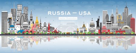 Photo for Russia and USA skyline with gray buildings and blue sky. Famous landmarks. Vector illustration. USA and Russia concept. Diplomatic relations between countries. - Royalty Free Image