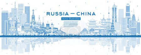 Photo for Outline Russia and China skyline with blue buildings and reflections. Famous landmarks. Vector illustration. China and Russia concept. Diplomatic relations between countries. - Royalty Free Image