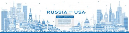 Illustration for Outline Russia and USA skyline with blue buildings. Famous landmarks. Vector illustration. USA and Russia concept. Diplomatic relations between countries. - Royalty Free Image