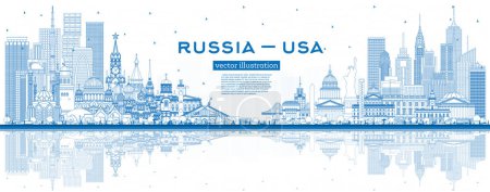 Photo for Outline Russia and USA skyline with blue buildings. Famous landmarks. Vector illustration. USA and Russia concept. Diplomatic relations between countries. - Royalty Free Image