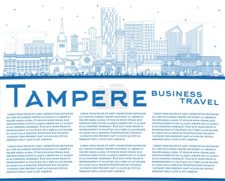 Umreißen Sie die Skyline der finnischen Stadt Tampere mit blauen Gebäuden und kopiertem Raum. Vektorillustration. Stadtbild von Tampere mit Wahrzeichen. Reise- und Tourismuskonzept mit moderner und historischer Architektur.