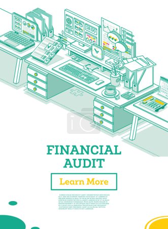 Illustration for Financial Audit. Workplace of an Auditor or Accountant. Isometric Business Concept. Account Tax Report. Two Computers on Desk with Documents in Office. Vector Illustration. Calculating Balance. - Royalty Free Image