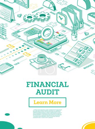 Illustration for Financial Audit. Isometric Business Concept. Account Tax Report. Open Folder with Documents. Calendar and Magnifier. Vector Illustration. Report Under Magnifying Glass. Calculating Balance. - Royalty Free Image