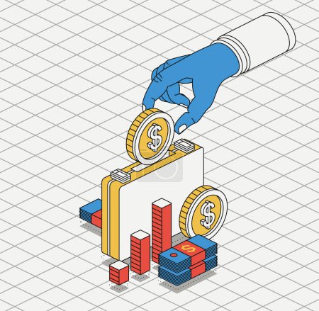 Illustration for Hand puts a dollar coin inside of the briefcase. Isometric saving money concept. Vector illustration. Investing and open bank deposit. Stack of dollars. 3d objects. Modern brutalism style. Money box. - Royalty Free Image