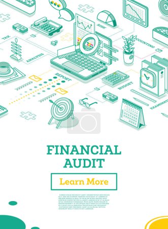 Illustration for Financial Audit. Isometric Business Concept. Account Tax Report. Open Laptop with Documents. Calendar and Magnifier. Vector Illustration. Report Under Magnifying Glass. Calculating Balance. - Royalty Free Image