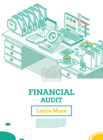 Photo for Financial Audit. Isometric Business Concept. Account Tax Report. Laptop with Calendar and Magnifier. Vector Illustration. Documents Under Magnifying Glass. Office Table with Paper Trays. - Royalty Free Image