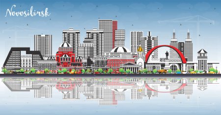 Novosibirsk Russia city skyline with color buildings, blue sky and reflections. Vector illustration. Novosibirsk cityscape with landmarks. Business and tourism concept with historic architecture.