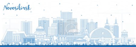 Illustration for Outline Novosibirsk Russia city skyline with blue buildings. Vector illustration. Novosibirsk cityscape with landmarks. Business travel and tourism concept with modern and historic architecture. - Royalty Free Image
