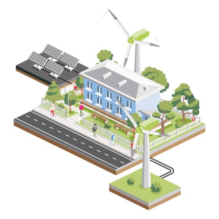 Illustration for Isometric residential two storey building with solar panels and wind turbines. Green eco friendly house. Infographic element. Infographic element. Vector illustration. City home. - Royalty Free Image