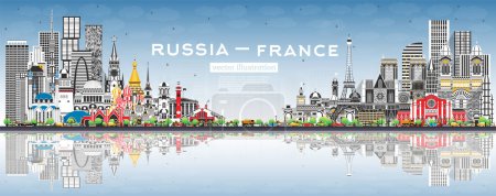 Illustration for Russia and France skyline with gray buildings, blue sky and reflections. Famous landmarks. Vector illustration. France and Russia concept. Diplomatic relations between countries. - Royalty Free Image