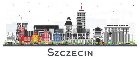Szczecin Polonia horizonte de la ciudad con edificios de color aislados en blanco. Ilustración vectorial. Paisaje urbano de Szczecin con hitos. Concepto de viajes de negocios y turismo con arquitectura moderna e histórica.