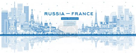 Photo for Outline Russia and France skyline with blue buildings and reflections. Famous landmarks. Vector illustration. France and Russia concept. Diplomatic relations between countries. - Royalty Free Image