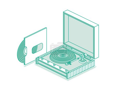 Photo for Isometric vinyl player with one plate. Vector illustration. Objects isolated on white background. Vinyl recorder. Vintage 3d elements in outline style. - Royalty Free Image