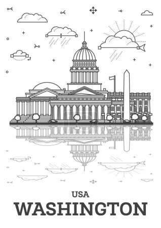 Illustration for Outline Washington DC USA City Skyline with Modern Buildings and reflections Isolated on White. Vector Illustration. Washington DC Cityscape with Landmarks. - Royalty Free Image