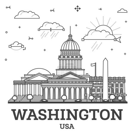 Téléchargez les illustrations : Décrivez Washington DC USA City Skyline avec des bâtiments modernes isolés sur blanc. Illustration vectorielle. Washington DC Paysage urbain avec des monuments. - en licence libre de droit