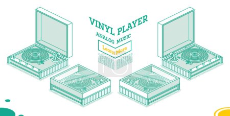 Photo for Isometric vinyl player with disk and cover. Vector illustration. Object isolated on white background. Vinyl recorder. 3d element in outline style. - Royalty Free Image