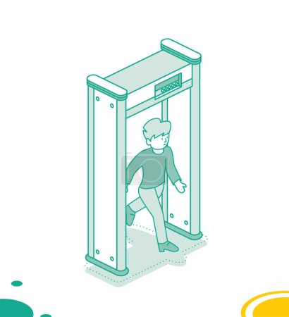 Illustration for Isometric airport security gate. Man walks through a metal detector. Vector illustration. Object isolated on white background. Airport security. Full body scanner. Security check gate. - Royalty Free Image