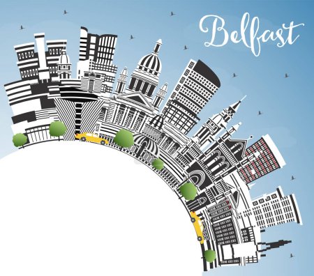 Téléchargez les illustrations : Belfast Northern Ireland City Skyline avec bâtiments couleur, ciel bleu et espace de copie. Illustration vectorielle. Paysage urbain de Belfast avec des monuments. Concept de voyage et de tourisme avec architecture historique. - en licence libre de droit