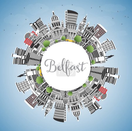 Ilustración de Belfast Northern Ireland City Skyline with Color Buildings, Blue Sky and Copy Space (en inglés). Ilustración vectorial. Belfast Cityscape with Landmarks. Concepto de viajes y turismo con arquitectura histórica. - Imagen libre de derechos