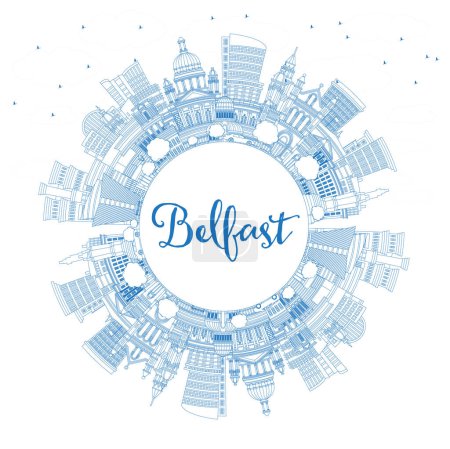 Téléchargez les illustrations : Décrivez Belfast Northern Ireland City Skyline avec des bâtiments bleus et de l'espace de copie. Illustration vectorielle. Paysage urbain de Belfast avec des monuments. Concept de voyage et de tourisme avec architecture historique. - en licence libre de droit
