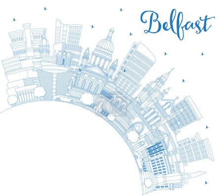 Décrivez Belfast Northern Ireland City Skyline avec des bâtiments bleus et de l'espace de copie. Illustration vectorielle. Paysage urbain de Belfast avec des monuments. Concept de voyage et de tourisme avec architecture historique.