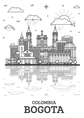 Téléchargez les illustrations : Outline Bogota Colombia City Skyline with Historic Buildings and reflections Isolated on White. Vector Illustration. Bogota Cityscape with Landmarks. - en licence libre de droit