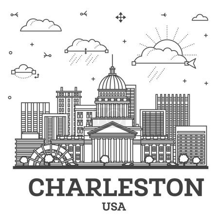 Photo for Outline Charleston West Virginia USA City Skyline with Modern Buildings Isolated on White. Vector Illustration. Charleston Cityscape with Landmarks. - Royalty Free Image
