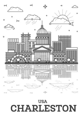Photo for Outline Charleston West Virginia USA City Skyline with Modern Buildings and reflections Isolated on White. Vector Illustration. Charleston Cityscape with Landmarks. - Royalty Free Image