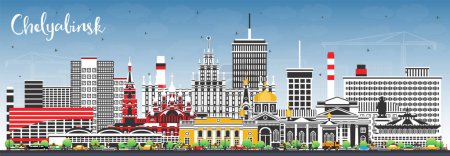 Tscheljabinsk Russland Stadtsilhouette mit farbigen Gebäuden und blauem Himmel. Vektorillustration. Tscheljabinsk Stadtbild mit Sehenswürdigkeiten. Reise- und Tourismuskonzept mit moderner und historischer Architektur.