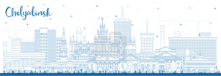 Téléchargez les illustrations : Plan Chelyabinsk Russie ville skyline avec des bâtiments bleus. Illustration vectorielle. Paysage urbain de Chelyabinsk avec des points de repère. Concept de voyage d'affaires et de tourisme à l'architecture moderne et historique. - en licence libre de droit