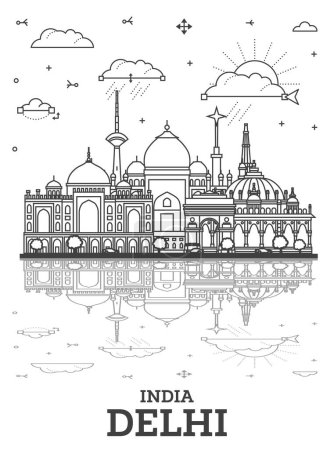 Illustration for Outline Delhi India City Skyline with Historic Buildings and reflections Isolated on White. Vector Illustration. Delhi Cityscape with Landmarks. - Royalty Free Image