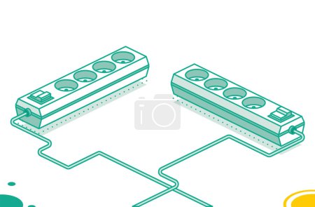 Photo for Electrical power socket strip. Vector illustration. Isometric outline concept. Two objects. Modern electric extension cord. Powerboard with four slots. - Royalty Free Image