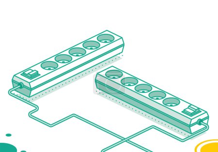 Photo for Electrical power socket strip. Vector illustration. Isometric outline concept. Two objects. Modern electric extension cord. Powerboard with five slots. - Royalty Free Image