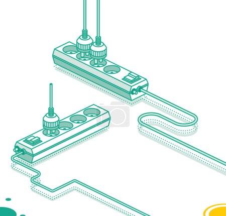 Illustration for Modern electric extension cord with plug. Electrical power socket strip. Vector illustration. Isometric outline concept. Two objects. Powerboard with four slots. - Royalty Free Image