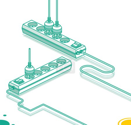 Photo for Modern electric extension cord with plug. Electrical power socket strip. Vector illustration. Isometric outline concept. Two objects. Powerboard with five slots. - Royalty Free Image