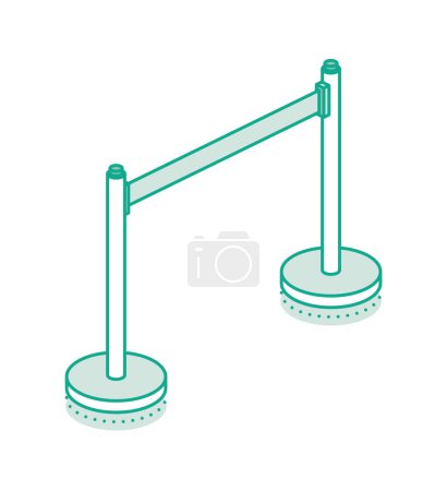 Illustration for Isometric retractable belt stanchion. Portable ribbon barrier. Fencing tape. Outline style. Vector illustration. Objects isolated on white background. - Royalty Free Image