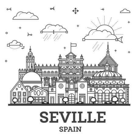 Photo for Outline Seville Spain City Skyline with Historic Buildings Isolated on White. Vector Illustration. Seville Cityscape with Landmarks. - Royalty Free Image