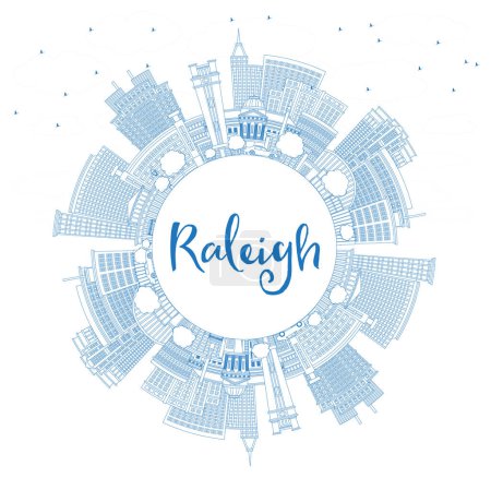Téléchargez les illustrations : Décrivez Raleigh North Carolina City Skyline avec des bâtiments bleus et de l'espace de copie. Illustration vectorielle. Paysage urbain de Raleigh avec des monuments. Voyage d'affaires et tourisme Concept avec une architecture moderne. - en licence libre de droit