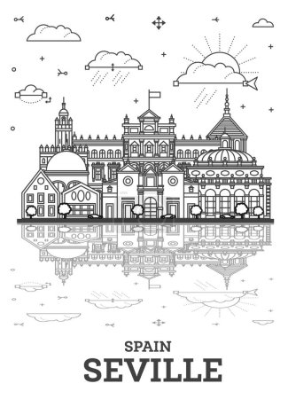 Illustration for Outline Seville Spain City Skyline with Historic Buildings and reflections Isolated on White. Vector Illustration. Seville Cityscape with Landmarks. - Royalty Free Image