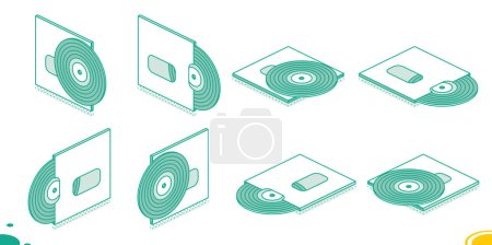 Illustration for Set of Vinyl Plates. Vector illustration. Isometric objects isolated on white background. Vintage 3d elements in outline style. - Royalty Free Image