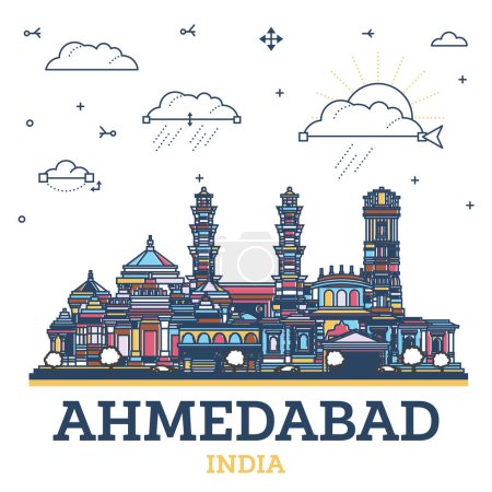 Umriss Ahmedabad India City Skyline mit farbigen historischen Gebäuden isoliert auf weiß. Vektorillustration. Ahmedabad Stadtbild mit Sehenswürdigkeiten.