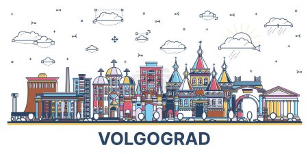 Illustration for Outline Volgograd Russia city skyline with colored modern and historic buildings isolated on white. Vector illustration. Volgograd cityscape with landmarks. - Royalty Free Image