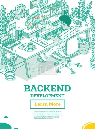 Illustration for Backend Development on Computer. Working Programmer Sit on Chair with Wheels in Front of Curved Monitor with Code. Php and C++ Programming Code. Software Engineering. - Royalty Free Image