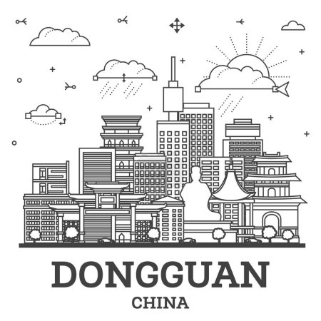 Umriss Dongguan China City Skyline mit historischen und modernen Gebäuden isoliert auf weiß. Vektorillustration. Dongguan Stadtbild mit Wahrzeichen.