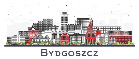 Bydgoszcz Polonia horizonte de la ciudad con edificios de color aislados en blanco. Ilustración vectorial. Bydgoszcz paisaje urbano con hitos. Concepto de negocios y turismo con arquitectura moderna e histórica