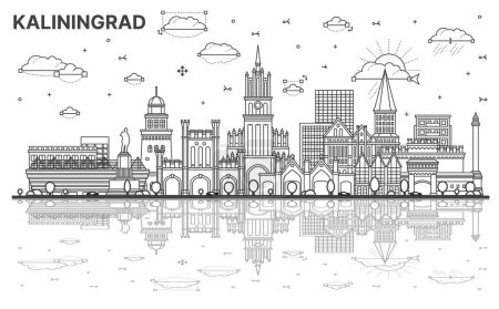 Illustration for Outline Kaliningrad Russia city skyline with modern and historic buildings with reflections isolated on white. Vector illustration. Kaliningrad cityscape with landmarks. - Royalty Free Image
