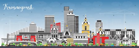 Illustration for Krasnoyarsk Russia city skyline with color buildings and blue sky. Vector illustration. Krasnoyarsk cityscape with landmarks. Business travel and tourism concept with modern and historic architecture. - Royalty Free Image