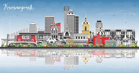 Illustration for Krasnoyarsk Russia city skyline with color buildings, blue sky and reflections. Vector illustration. Krasnoyarsk cityscape with landmarks. Tourism concept with modern and historic architecture. - Royalty Free Image